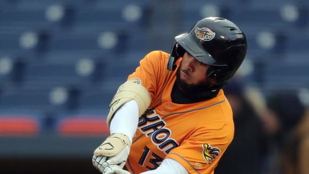 Akron RubberDucks right fielder George Valera (13) hits a shot to left field for a single during the fourth inning of an MiLB baseball game against the Altoona Curve at Canal Park on Wednesday. Duckscurve 5 © Jeff Lange / USA TODAY NETWORK
